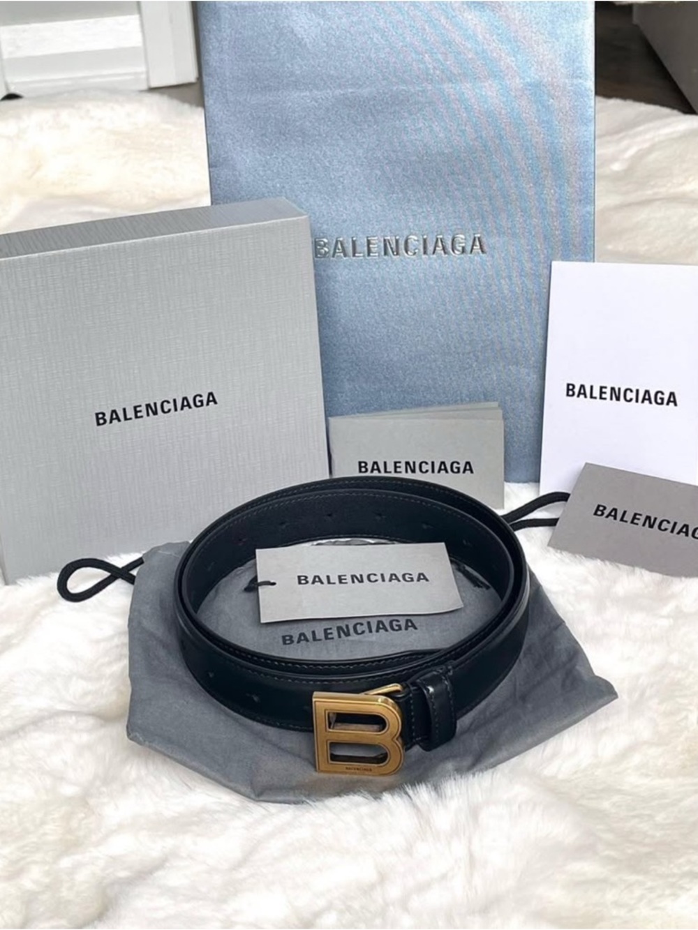 Balenciaga Black Leather Belt with Brass B Buckle